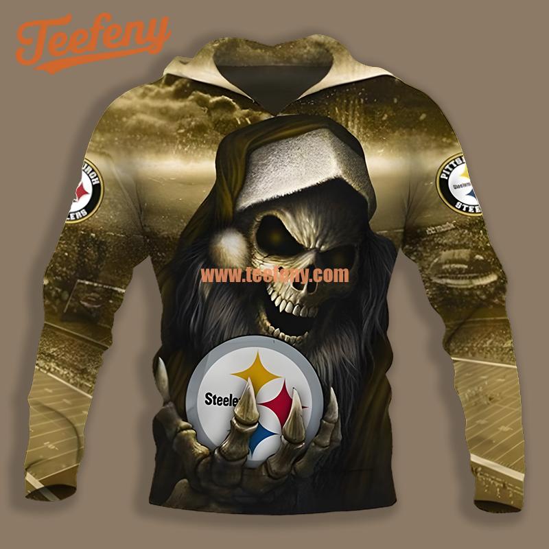 Pittsburgh Steelers Santa Skull Black Yellow Puff Print 3D Hoodie