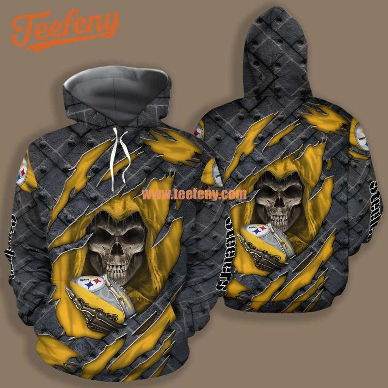 Pittsburgh Steelers Skull Cracked Yellow Grey Pattern 3D Hoodie