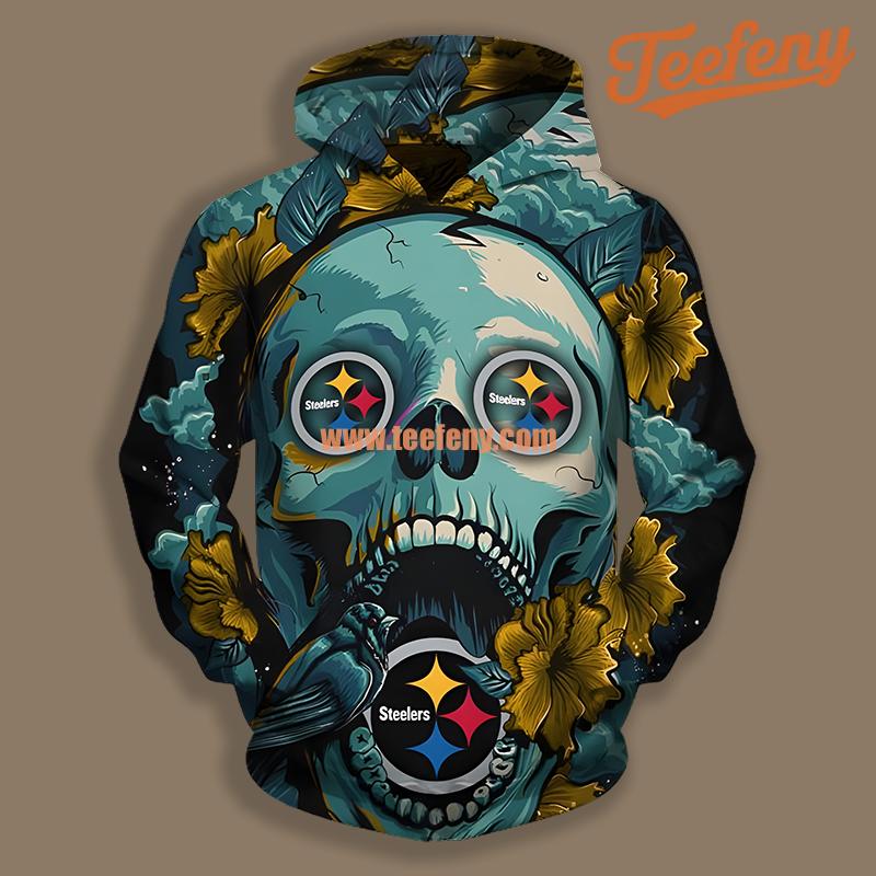 Pittsburgh Steelers Skull Flower Black Blue 3D Hoodie