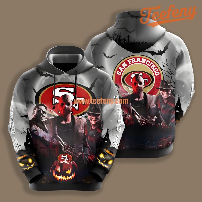 San Francisco 49Ers Michael Myers Freddy Krueger Halloween Grey Zip Up 3D Hoodie