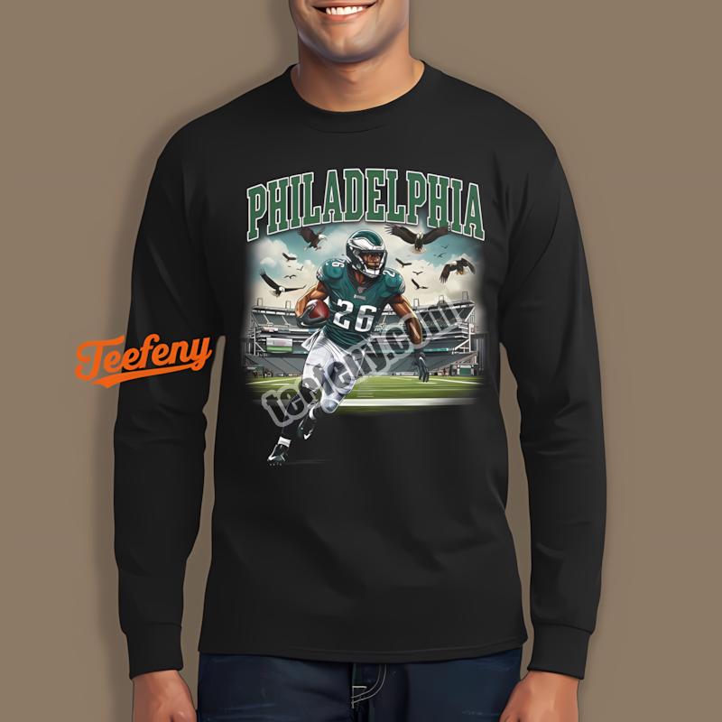 Saquon Barkley Philadelphia Eagles Football Action With Stadium Long Sleeve Saquon Barkley Philadelphia Eagles Football Action With Stadium Long Sleeve