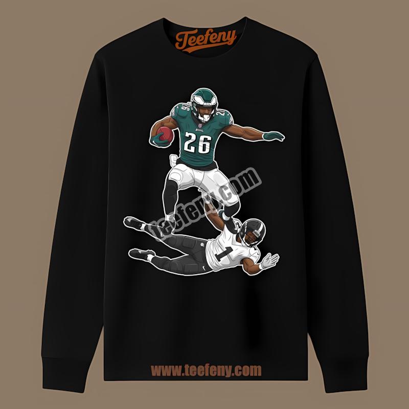 Saquon Barkley Philadelphia Eagles Hurdle Over Opponent Action Long Sleeve Saquon Barkley Philadelphia Eagles Hurdle Over Opponent Action Long Sleeve