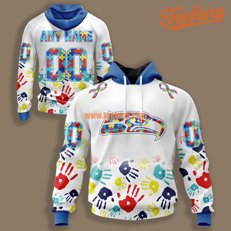 Seattle Seahawks Autism Awareness White 3D Design Hoodie