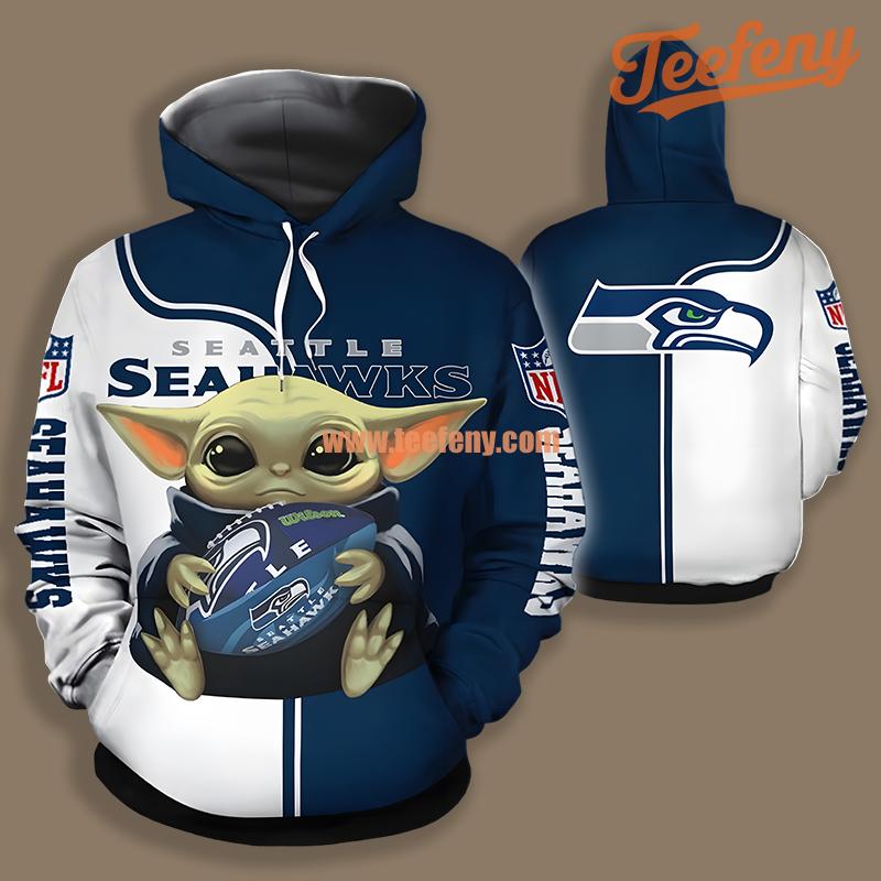 Seattle Seahawks Baby Yoda Blue White Design 3D Hoodie