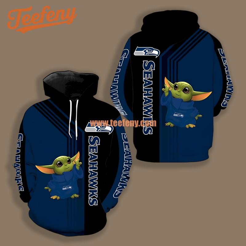 Seattle Seahawks Baby Yoda Star Wars Blue Black Cool 3D Hoodie
