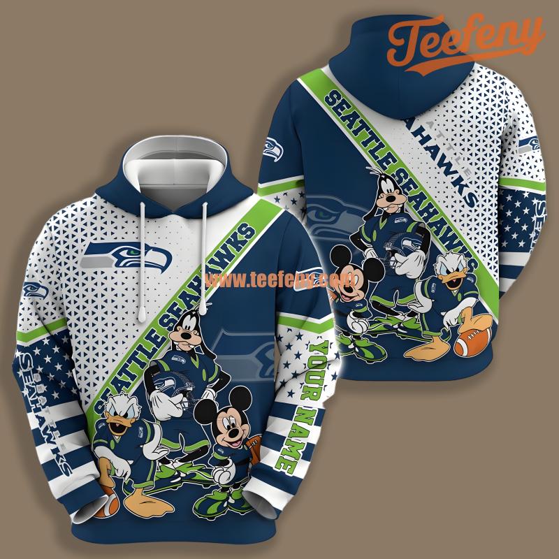 Seattle Seahawks Donald Duck Goofy Mickey Mouse Blue Printed 3D Hoodie