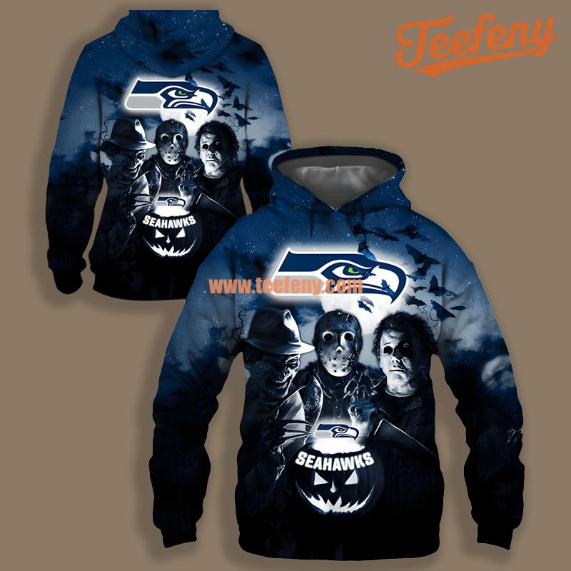 Seattle Seahawks Freddy Krueger Jason Voorhees Halloween Blue Black For Men 3D Hoodie