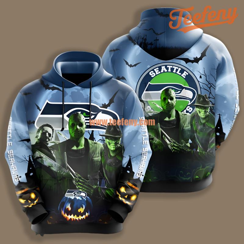 Seattle Seahawks Freddy Krueger Michael Myers Halloween Blue Black Graphic 3D Hoodie