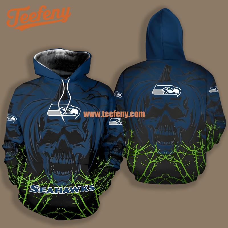 Seattle Seahawks Halloween Pumpkin Skull Blue For Men 3D Hoodie