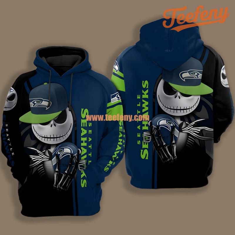 Seattle Seahawks Jack Skellington Halloween Black Blue Design 3D Hoodie