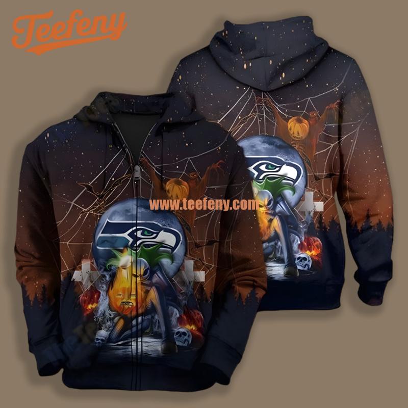 Seattle Seahawks Jack Skellington Pumpkin Halloween Black Printed 3D Hoodie