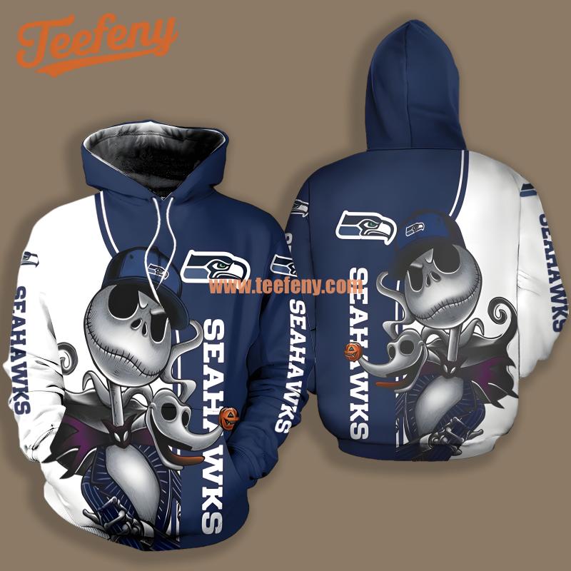 Seattle Seahawks Jack Skellington Zero Halloween White Blue Realistic 3D Hoodie