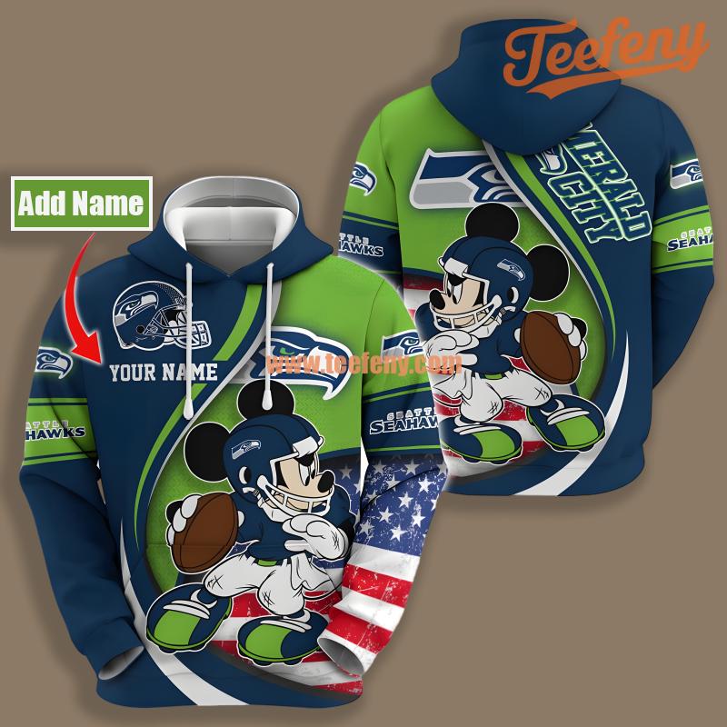 Seattle Seahawks Mickey Mouse Blue Green Pullover 3D Hoodie