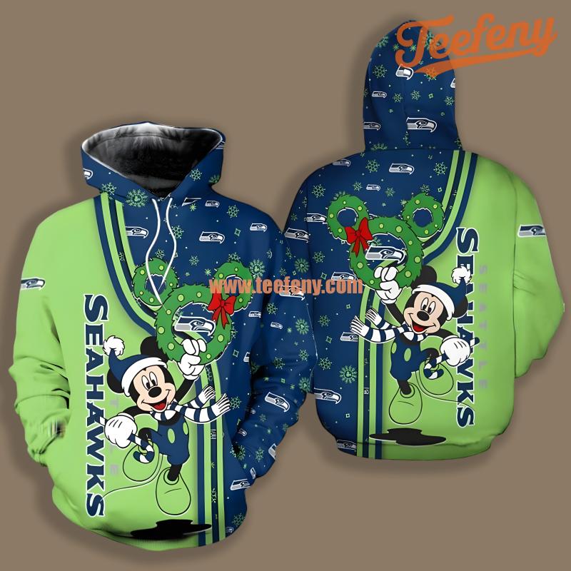 Seattle Seahawks Mickey Mouse Christmas Blue Green Art 3D Hoodie