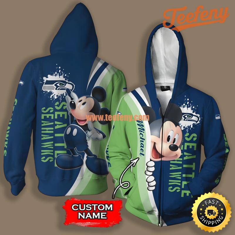 Seattle Seahawks Mickey Mouse Personalized Blue Green Design 3D Hoodie