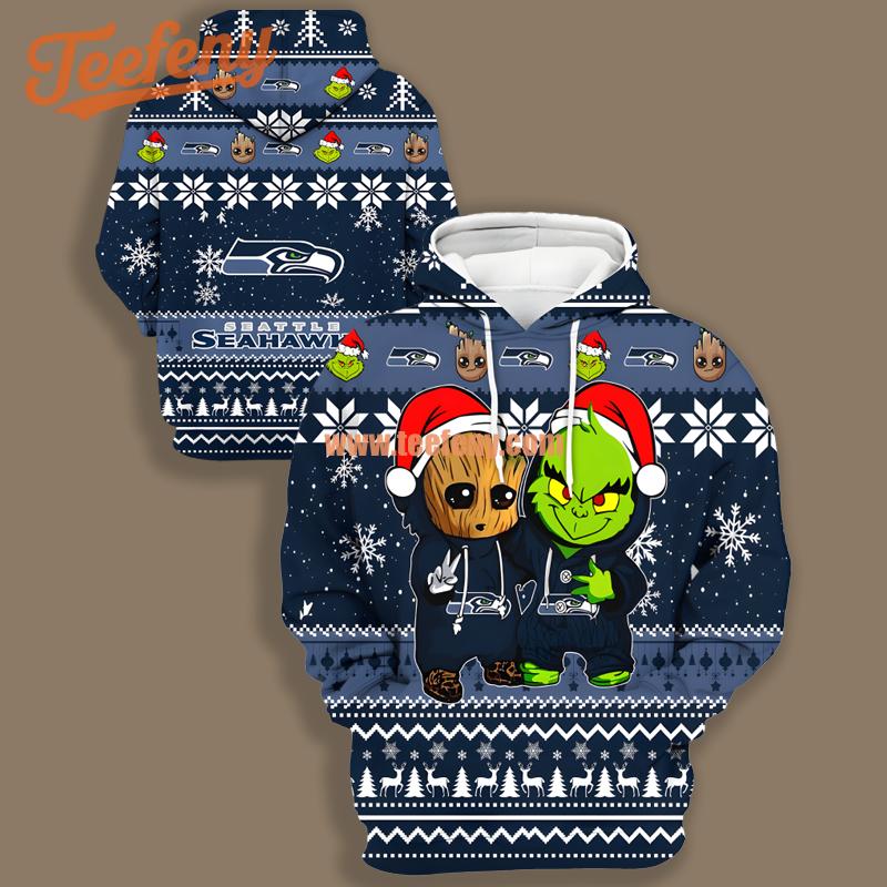 Seattle Seahawks Santa Baby Groot Grinch Christmas Blue Ugly Illusion 3D Hoodie