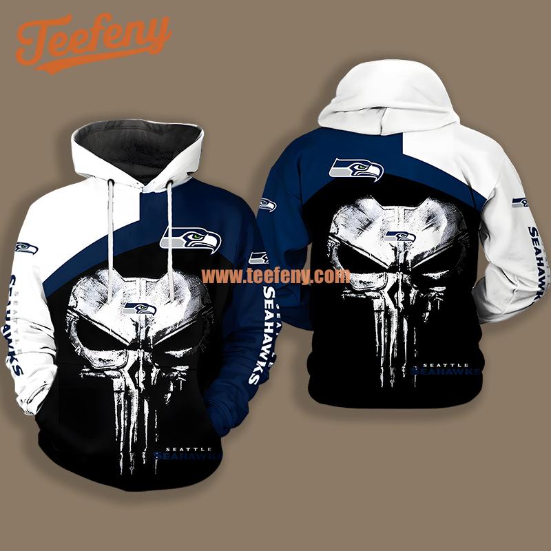 Seattle Seahawks Skull Punisher White Black Fashion 3D Hoodie