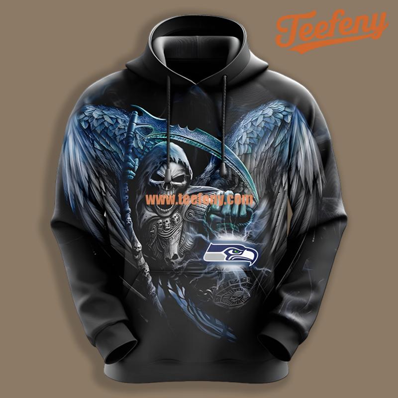 Seattle Seahawks Skull Spreads Its Wings Blue Black Printed 3D Hoodie