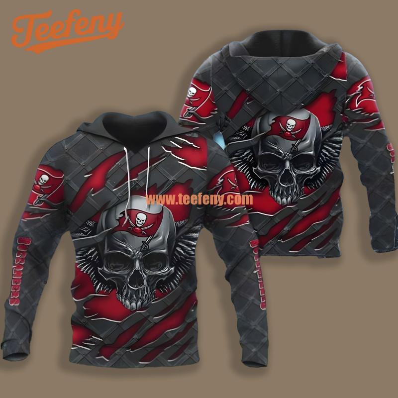 Tampa Bay Buccaneers Skull Crack Grey Red Full Print 3D Hoodie