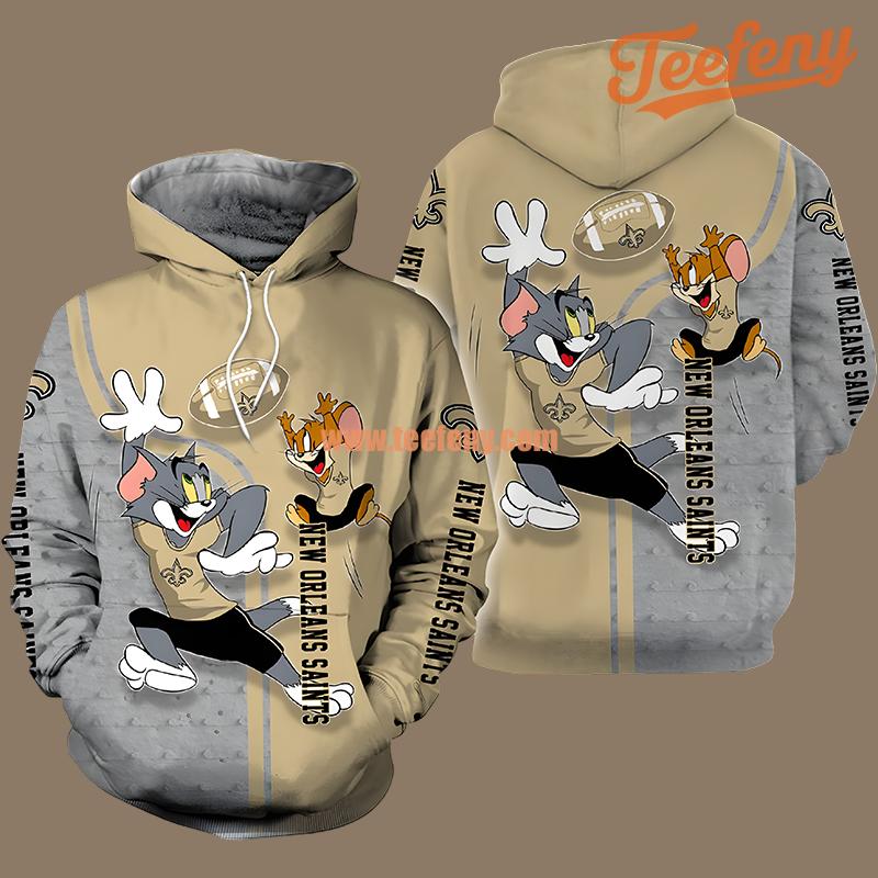 Tom And Jerry New Orleans Saints Grey Yellow 3D Graphic Hoodies