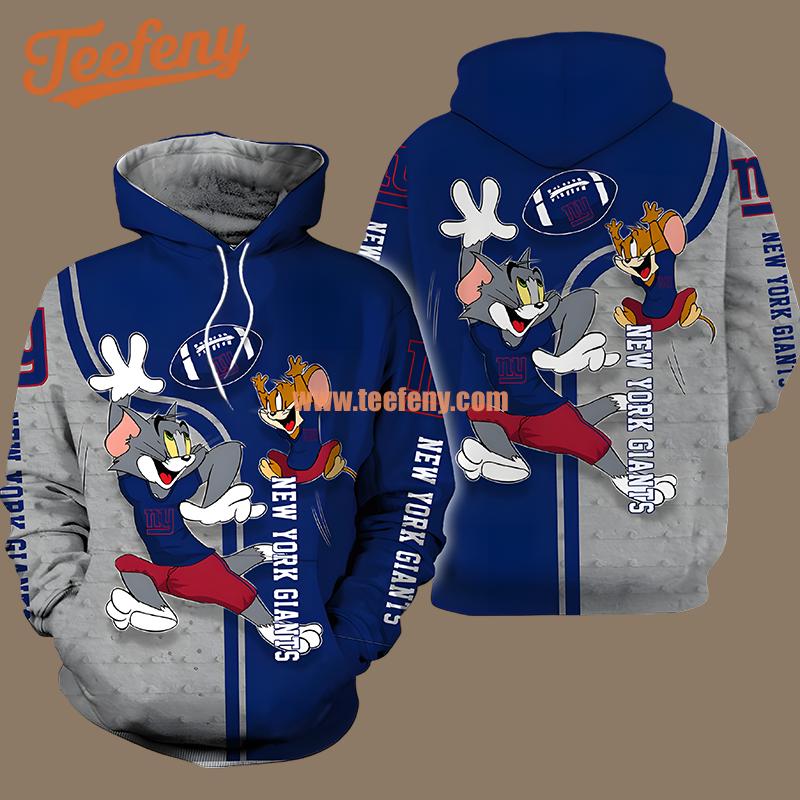 Tom And Jerry New York Giants Grey Blue 3D Zip Up Hoodie