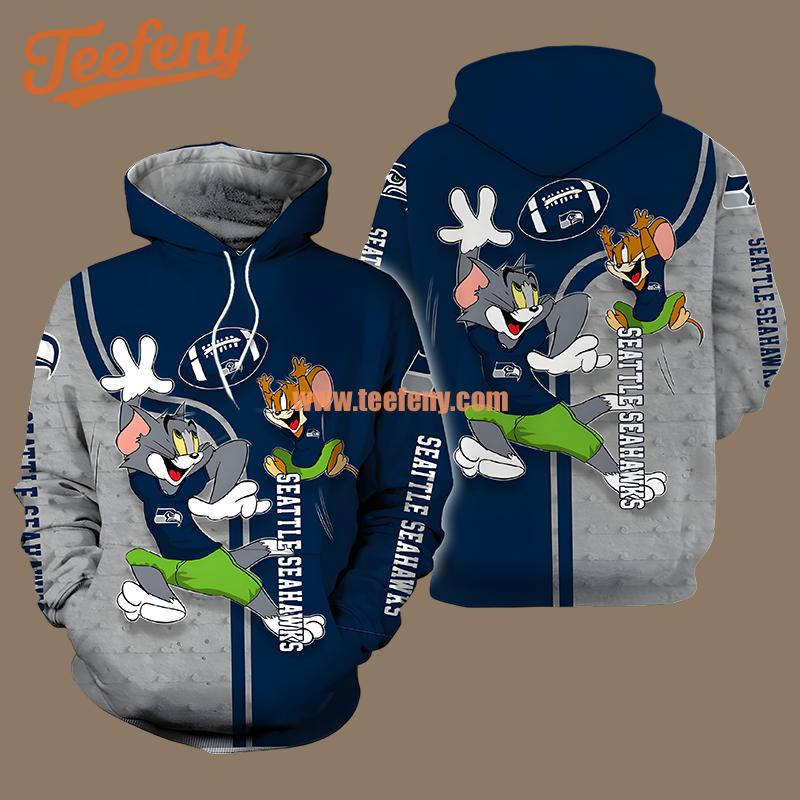 Tom And Jerry Seattle Seahawks Grey Blue 3D Design Hoodies