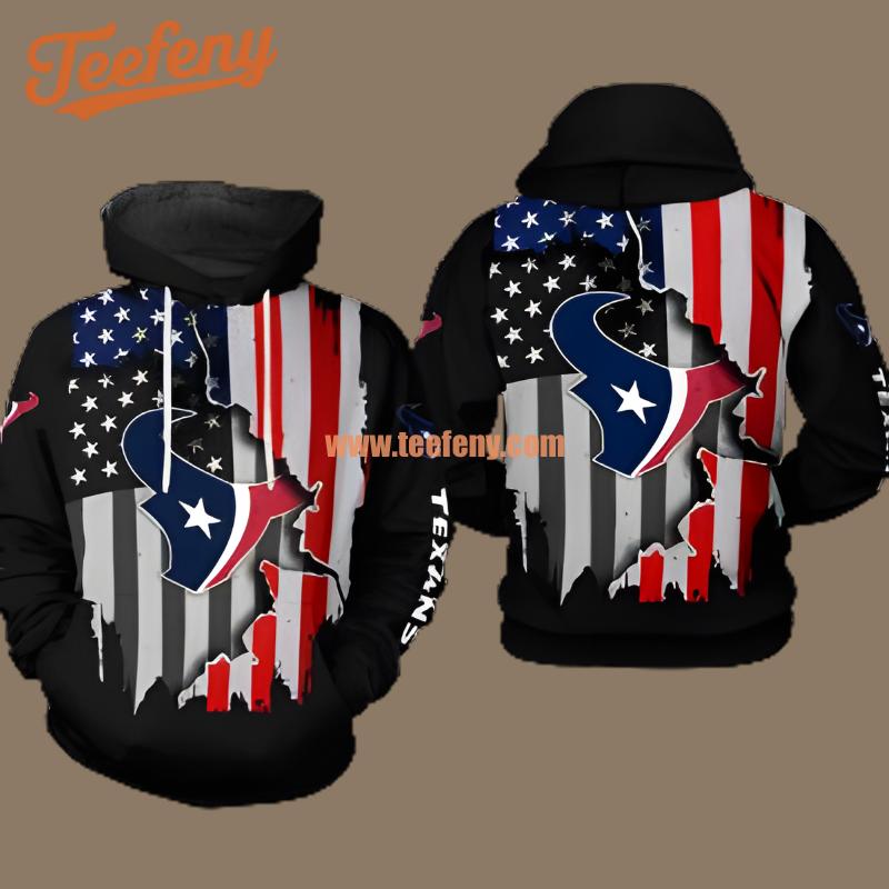 Us Flag Houston Texans Black 3D Realistic Hoodie