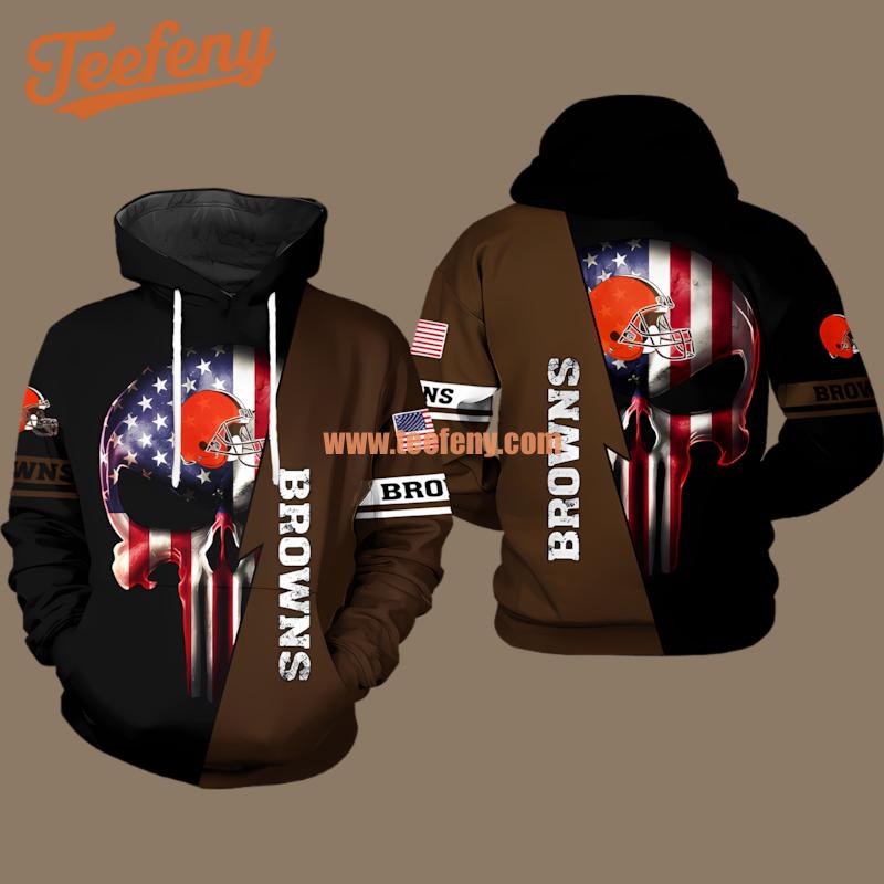 Us Flag Skull Cleveland Browns Black 3D Cool Hoodie