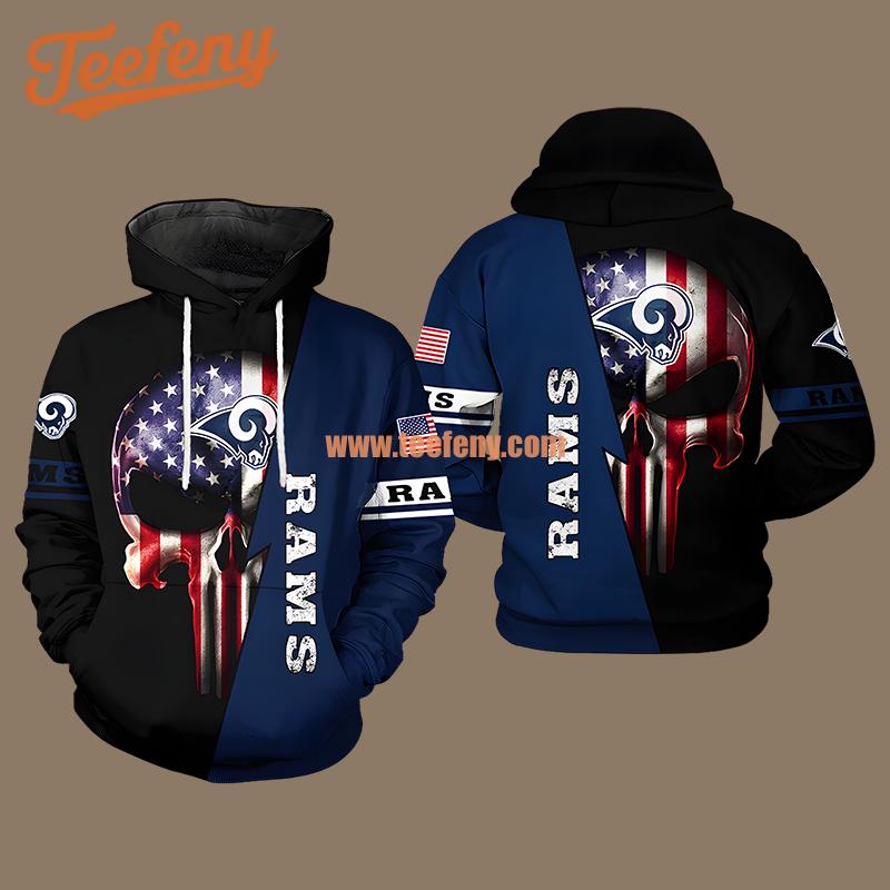 Us Flag Skull Los Angeles Rams Blue Black 3D Design Hoodie