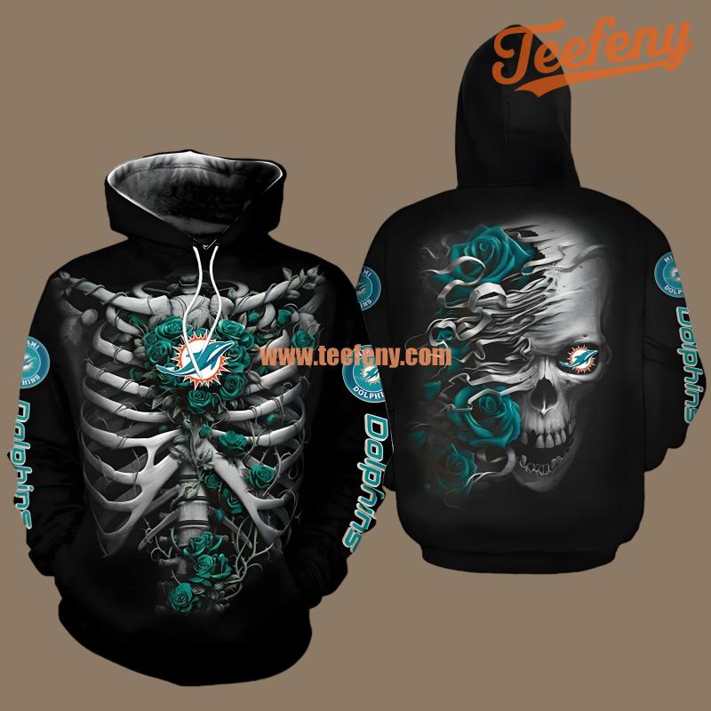 Wrapped Flowers Skull Miami Dolphins Blue Blue 3D Pullover Hoodie
