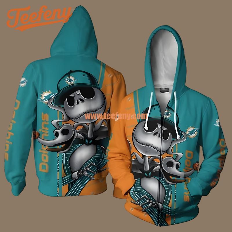 Zero Jack Skellington Halloween Miami Dolphins Blue Orange 3D Pattern Hoodie
