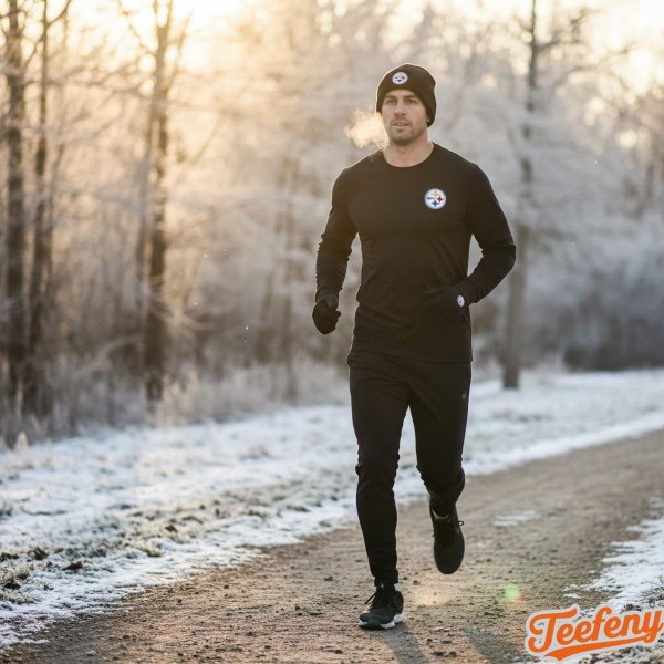 Athletic Person Wearing Steelers Long Sleeve While Running In Winter