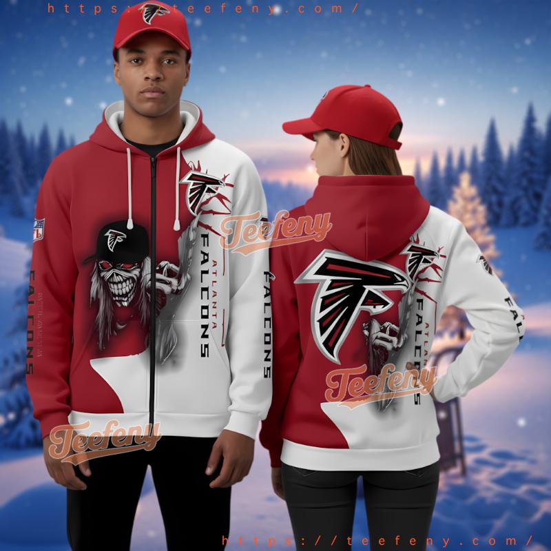 Atlanta Falcons Skull Ripped Half Red Half White 3D Hoodie Unisex