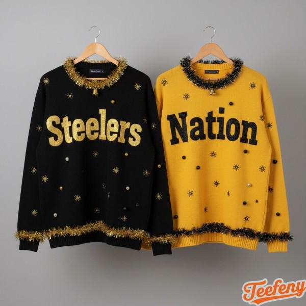 Couples Matching Steelers Ugly Christmas Sweaters Display