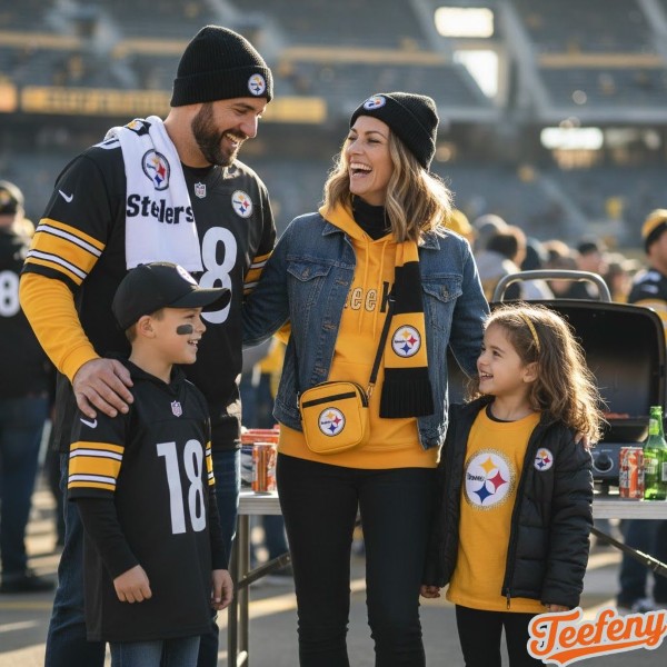 Family Wearing Coordinated Pittsburgh Steelers Game Day Outfits