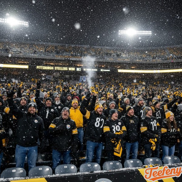 Happy Steelers Fans Celebrating Together At Snowy Winter Stadium