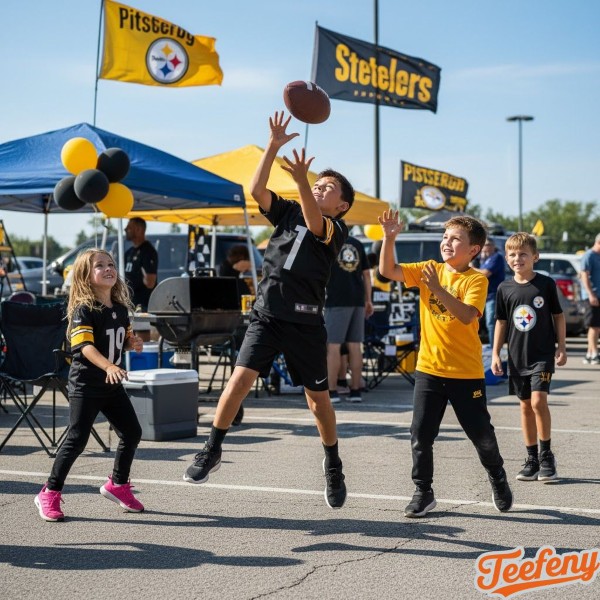 Kids Playing At Steelers Tailgate Party In Durable Clothing
