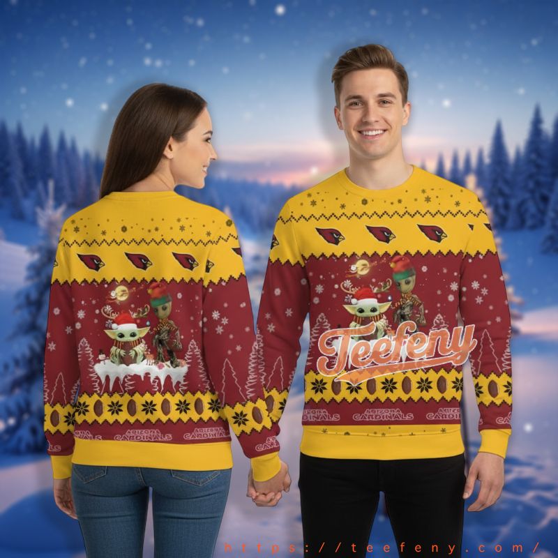 Arizona Cardinals Baby Yoda And Groot Yellow Christmas Party Ugly Sweater