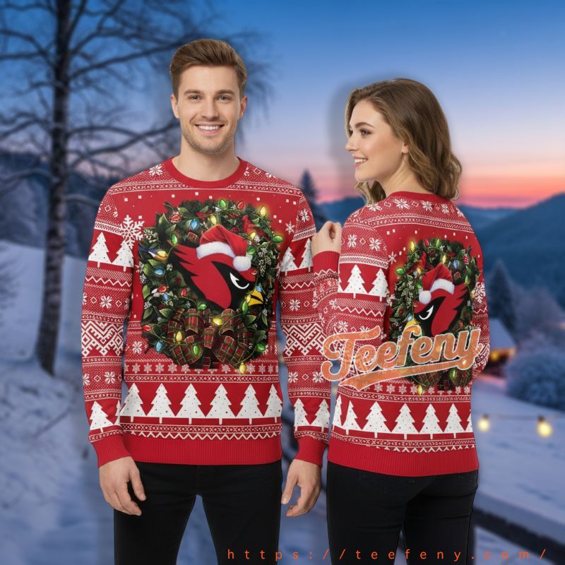 Arizona Cardinals Christmas Wreath Light Red Womens Holiday Ugly Sweater