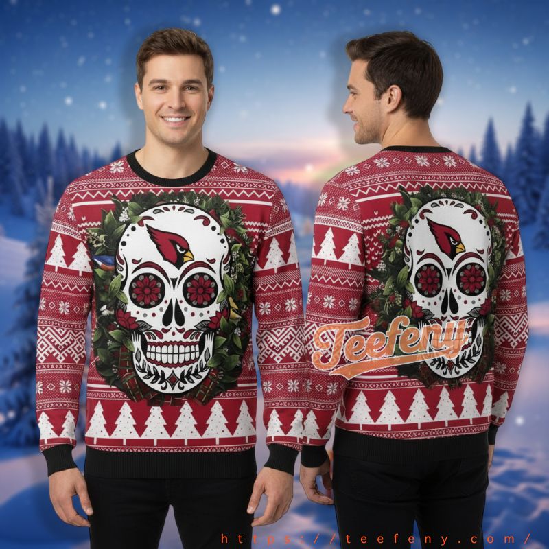 Arizona Cardinals Christmas Wreath Skull Floral Red Couples Holiday Ugly Sweater