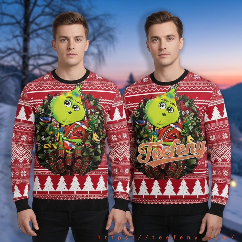Arizona Cardinals Grinch Hug Ball Wreath Red Christmas Party Ugly Sweater