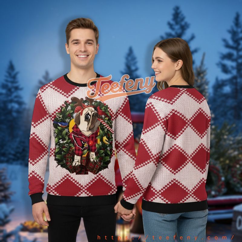 Arizona Cardinals Pug Dog Christmas Wreath Red Plus Size Ugly Sweater