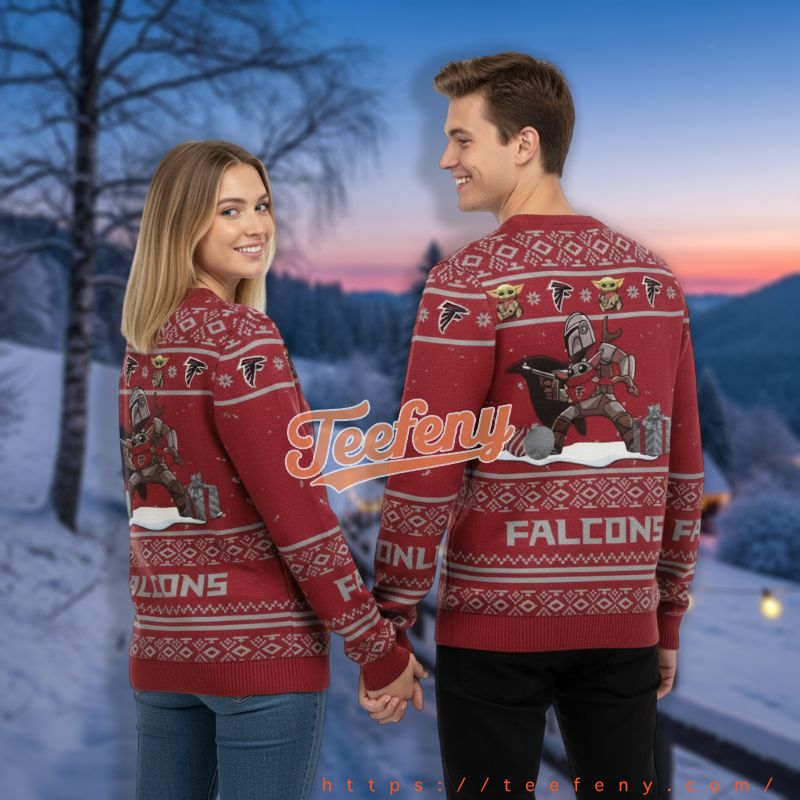 Atlanta Falcons Boba Fett And Baby Yoda Red Christmas Party Ugly Sweater