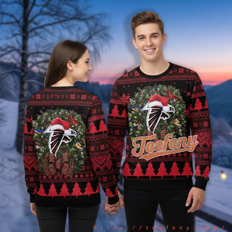 Atlanta Falcons Christmas Wreath Reindeer Pattern Red Funny Holiday Ugly Sweater