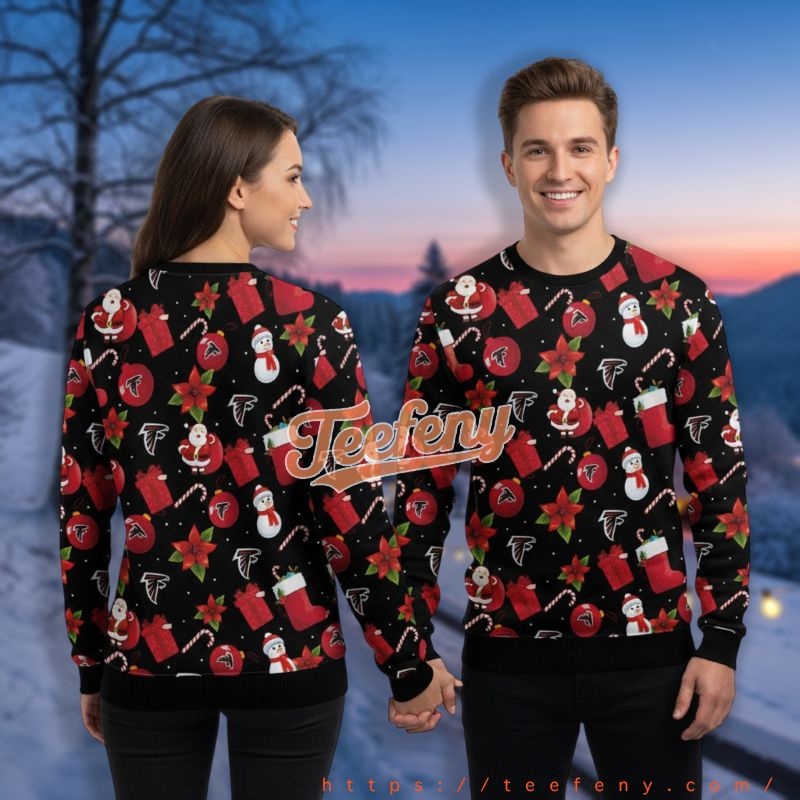 Atlanta Falcons Santa Claus And Snowman Black Funny Holiday Ugly Sweater
