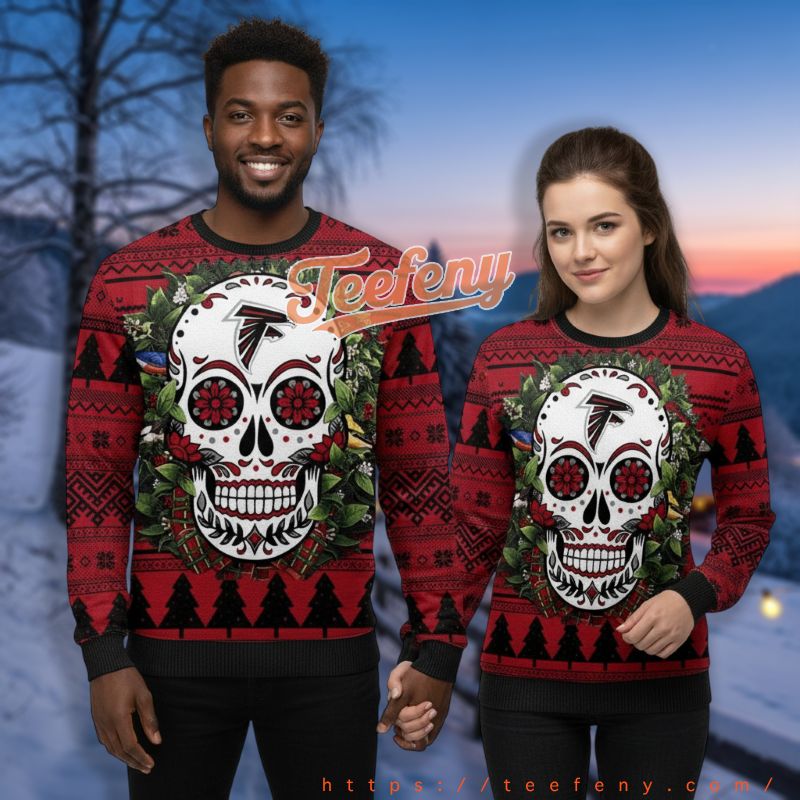 Atlanta Falcons Skull Floral Wreath Red Funny Holiday Ugly Sweater