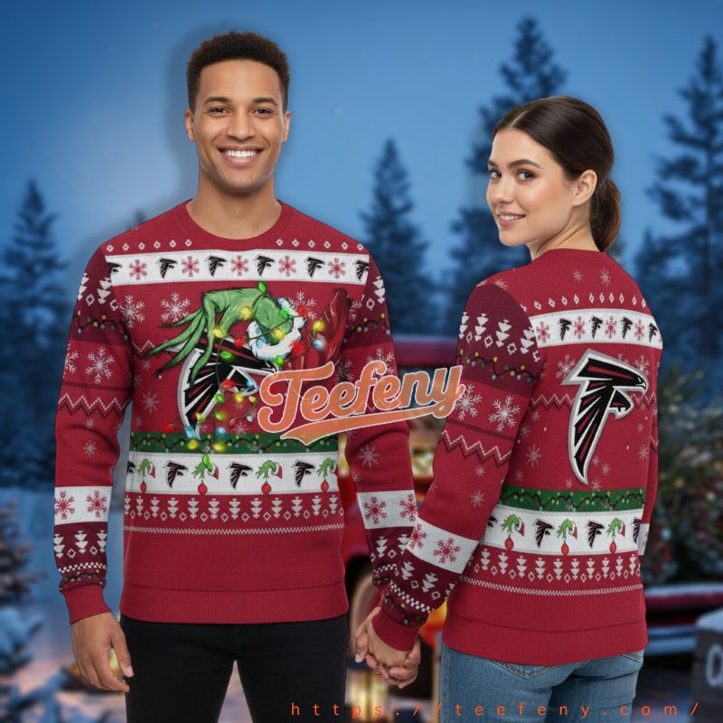 Atlanta Falcons The Grinch Hand Red Couples Holiday Ugly Sweater