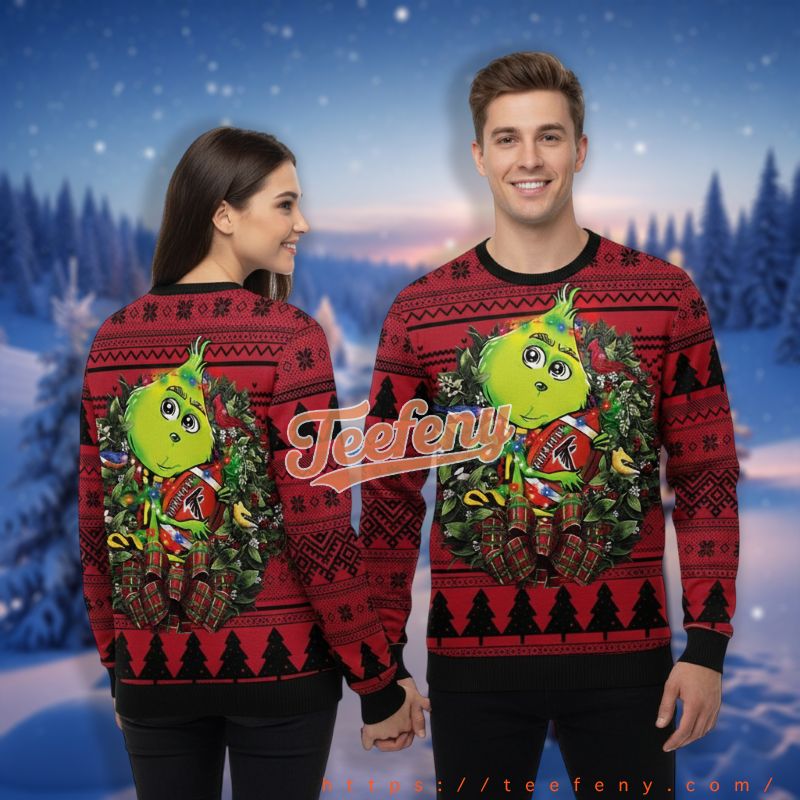 Atlanta Falcons Wreath Grinch Hug Ball Red Plus Size Holiday Ugly Sweater
