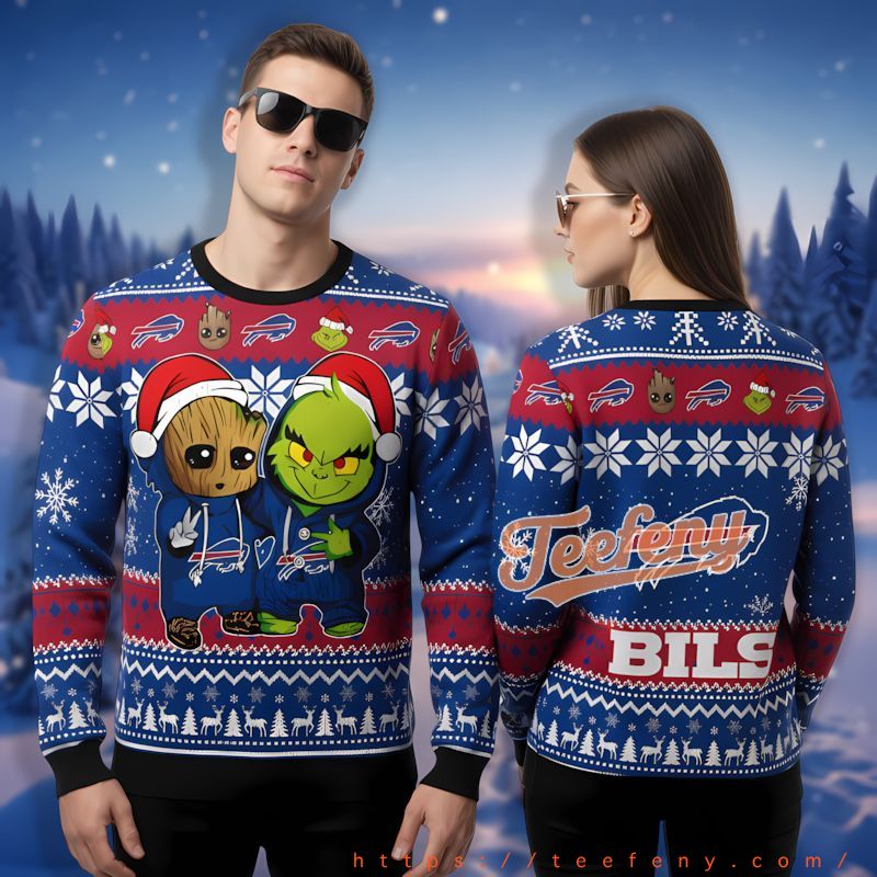 Baby Groot And Grinch Buffalo Bills Blue Vintage Christmas Sweater