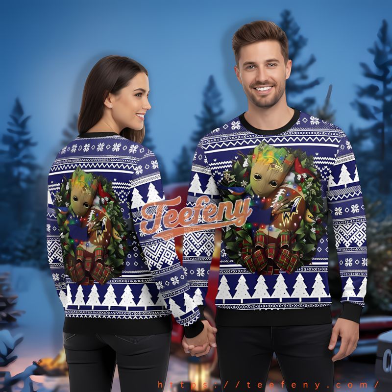 Baby Groot Baltimore Ravens Purple Beautiful Christmas Sweaters